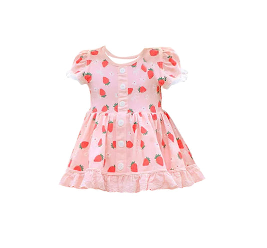 Baby Girls Strawberry Flowers Button Ruffle Knee length Dresses Preorder