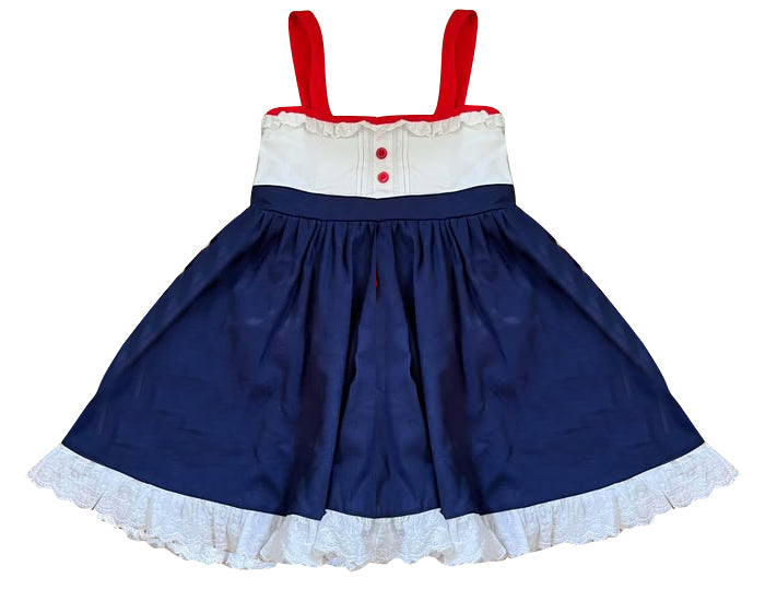 Baby Girls Strap Button July 4th Ruffle Knee length Dresses Preorder