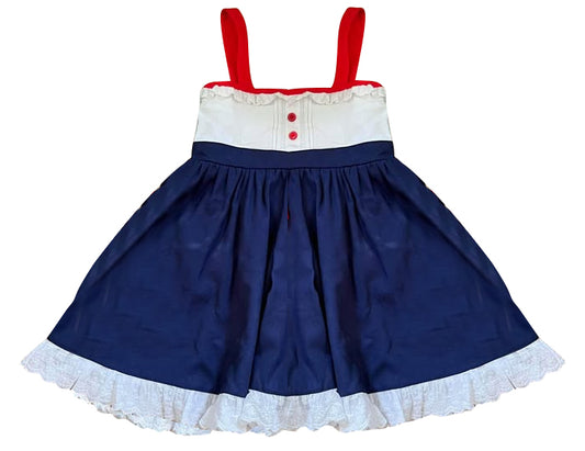 Baby Girls Strap Button July 4th Ruffle Knee length Dresses Preorder