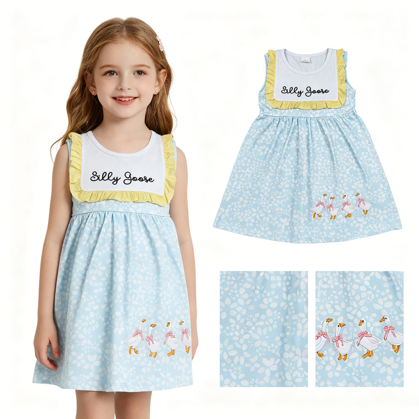 Embroidery Silly Gooses Baby Girls Sleeveless Flowers Knee length Dresses