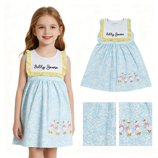 Embroidery Silly Gooses Baby Girls Sleeveless Flowers Knee length Dresses
