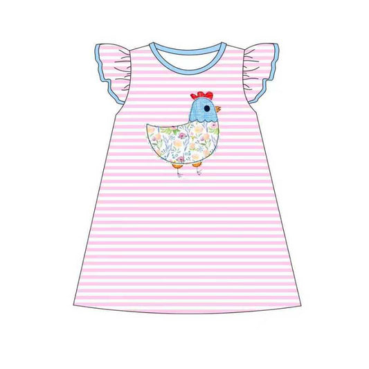 Baby Girls Pink Stripe Floral Chick Farm Knee length Dresses Preorder