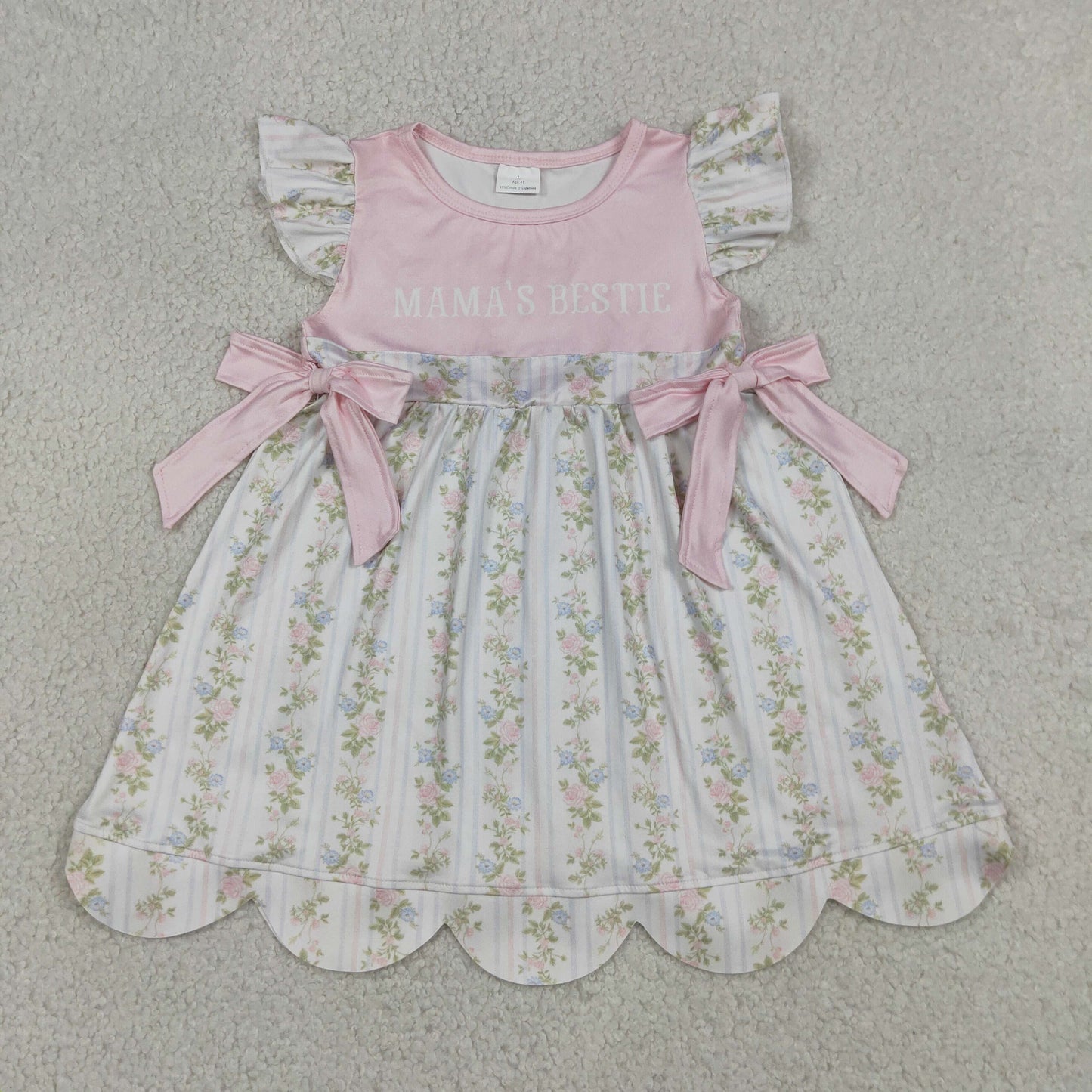 Baby Girls Mama's Bestie Flowers Stripe Scallop Knee Length Dresses
