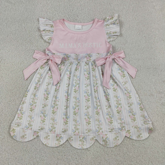 Baby Girls Mama's Bestie Flowers Stripe Scallop Knee Length Dresses