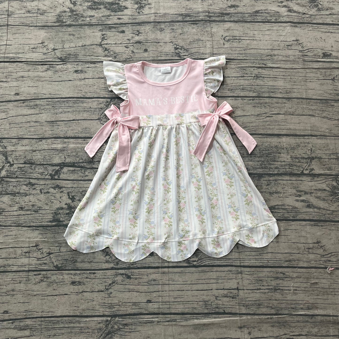 Baby Girls Mama's Bestie Flowers Stripe Scallop Knee Length Dresses