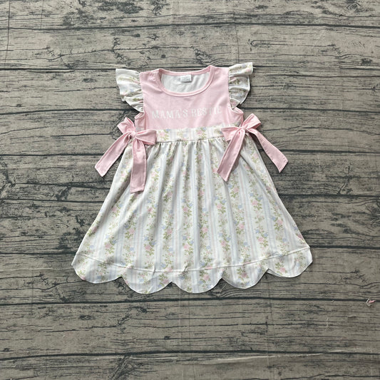 Baby Girls Mama's Bestie Flowers Stripe Scallop Knee Length Dresses