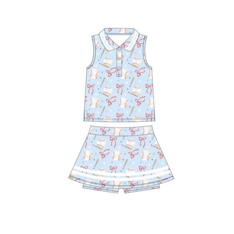 Baby Girls Bows Baseballs Plaid Button Top Skirt Shorts Yoga Clothes Set Preorder