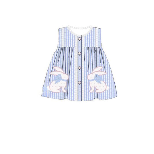 Baby Girls Sleeveless Blue Stripe Rabbits Button Easter Knee length Dresses Preorder
