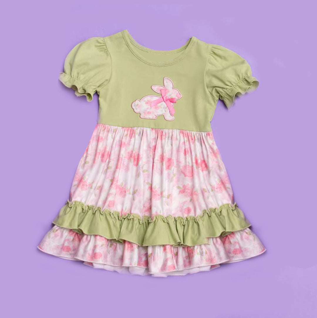 Baby Girls Pink Bows Flowers Rabbits Easter Ruffle Knee length Dresses Preorder