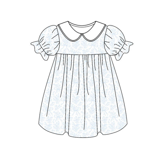 Baby Girls Light Blue Bows Flowers Collar Knee length Dresses Preorder