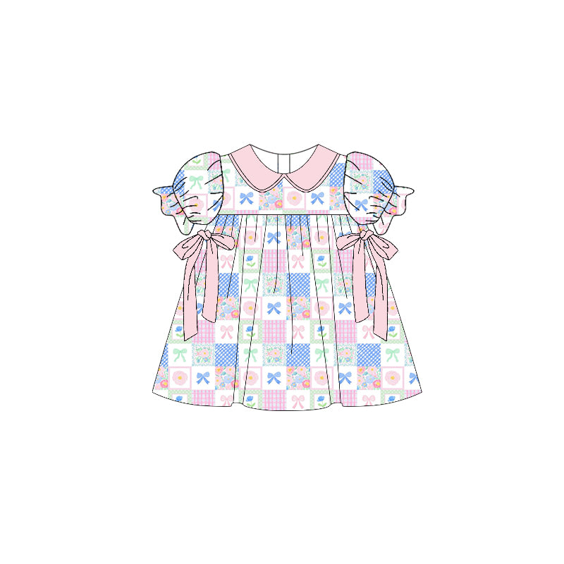 Baby Girls Flowers Bows Checked Bows Collar Knee length Dresses Preorder