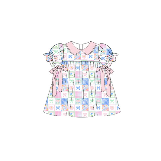 Baby Girls Flowers Bows Checked Bows Collar Knee length Dresses Preorder