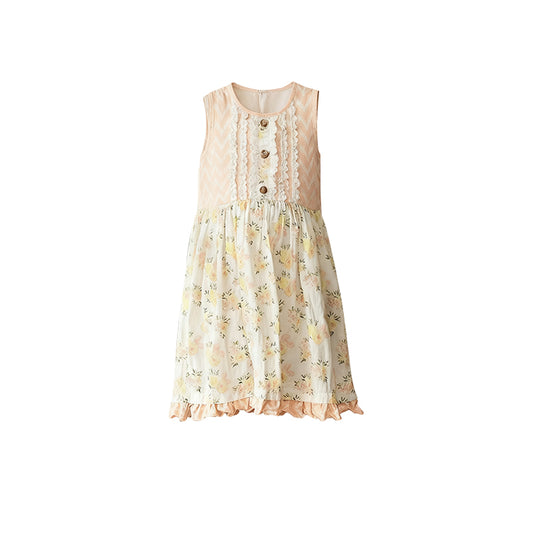 Baby Girls Light Pink Floral Button Ruffle Knee Length Dresses Preorder