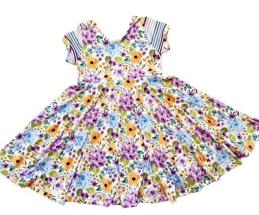 Baby Girls Flutter Sleeve Purple Orange Flowers Knee Length Dresses Preorder