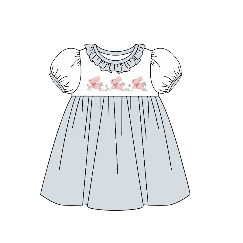 Baby Girls Blue Rabbits Easter Collar Knee length Dresses Preorder