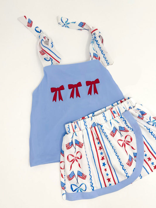 Baby Girls Strap Tunic Flags Bows Stripe Skirts July 4th Clothes Sets Preorder