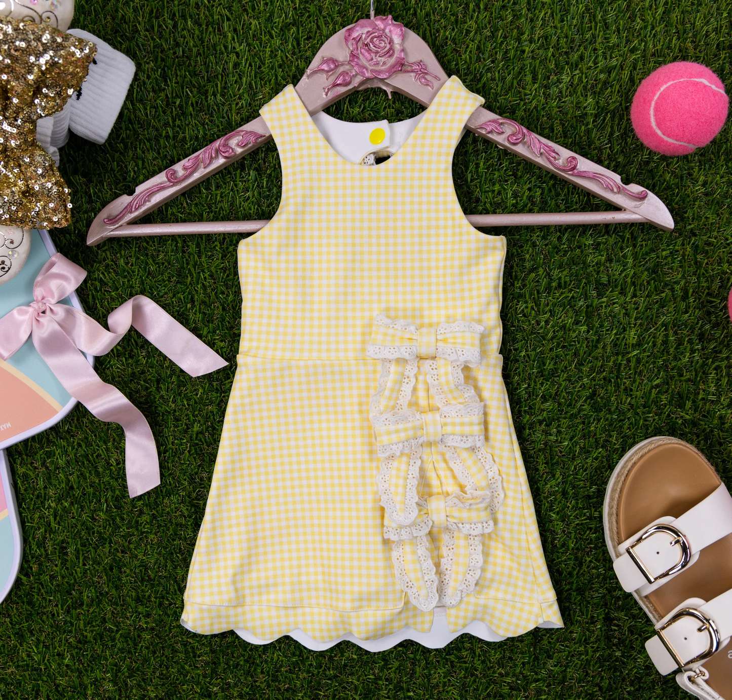 Baby Girls Sleeveless Yellow Checked Yoga Shorts Bows Knee Length Dresses Preorder