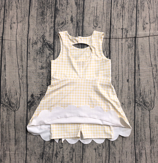 Baby Girls Sleeveless Yellow Checked Yoga Shorts Bows Knee Length Dresses Preorder
