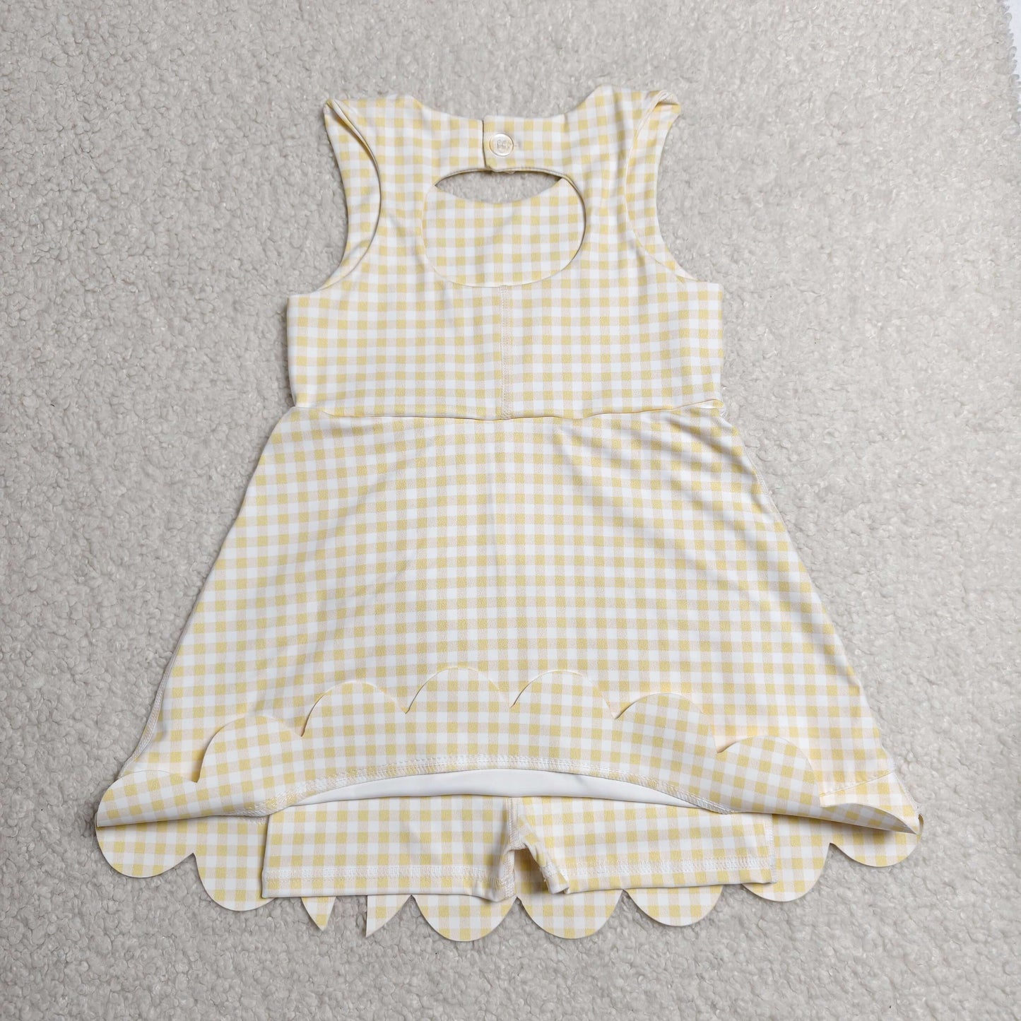 Baby Girls Sleeveless Yellow Checked Yoga Shorts Short Scallop Knee Length Dresses