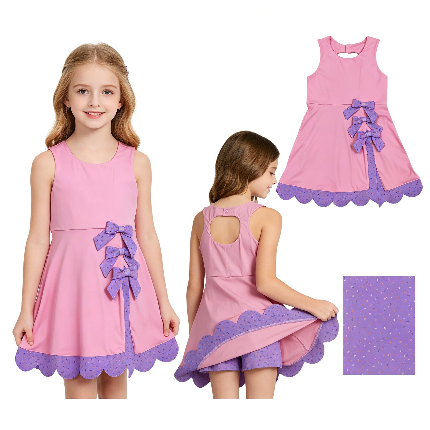 Baby Girls Pink Purple Sleeveless Yoga Active Scallop Bows Shorts Knee Length Dresses