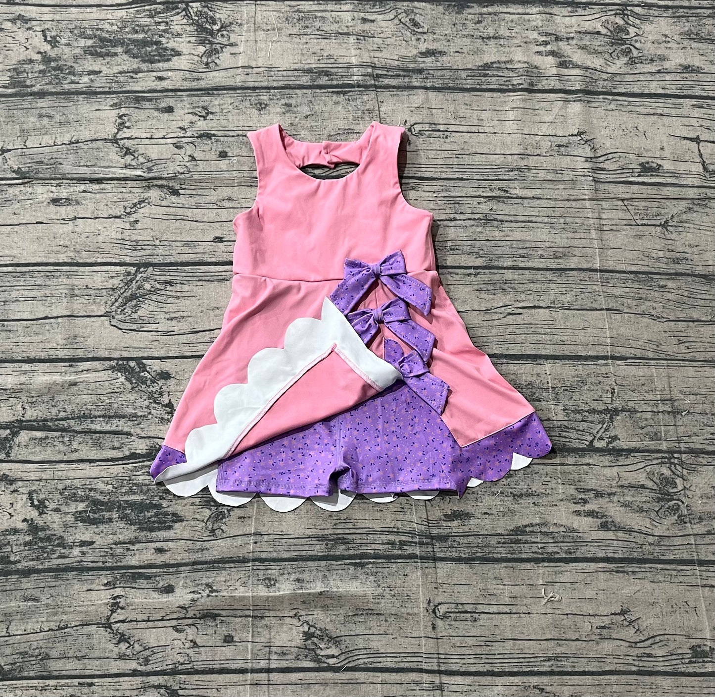 Baby Girls Pink Purple Sleeveless Yoga Active Scallop Bows Shorts Knee Length Dresses