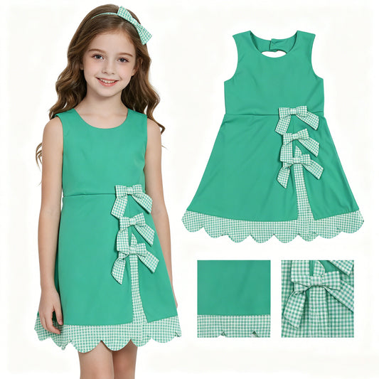 Baby Girls Green Sleeveless Yoga Active Shorts Bows Scallop Knee Length Dresses