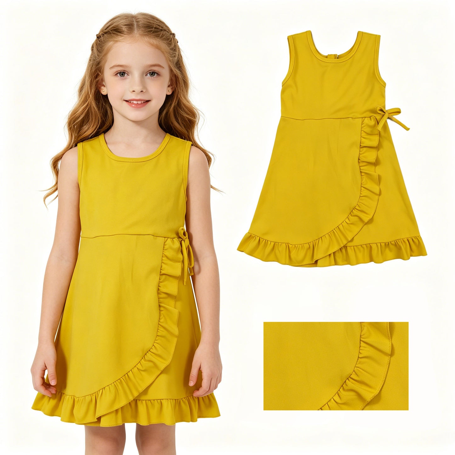 Baby Girls Yellow Sleeveless Yoga Active Shorts Ruffle Knee Length Dresses