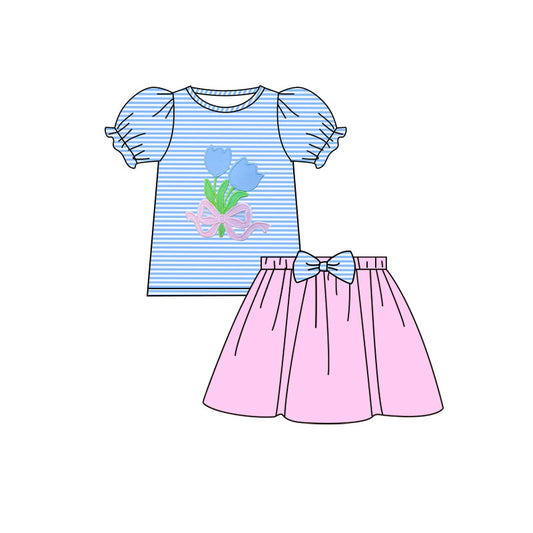 Baby Girls Blue Stripe Flowers Bows Top Pink Skirts Clothes Sets Preorder
