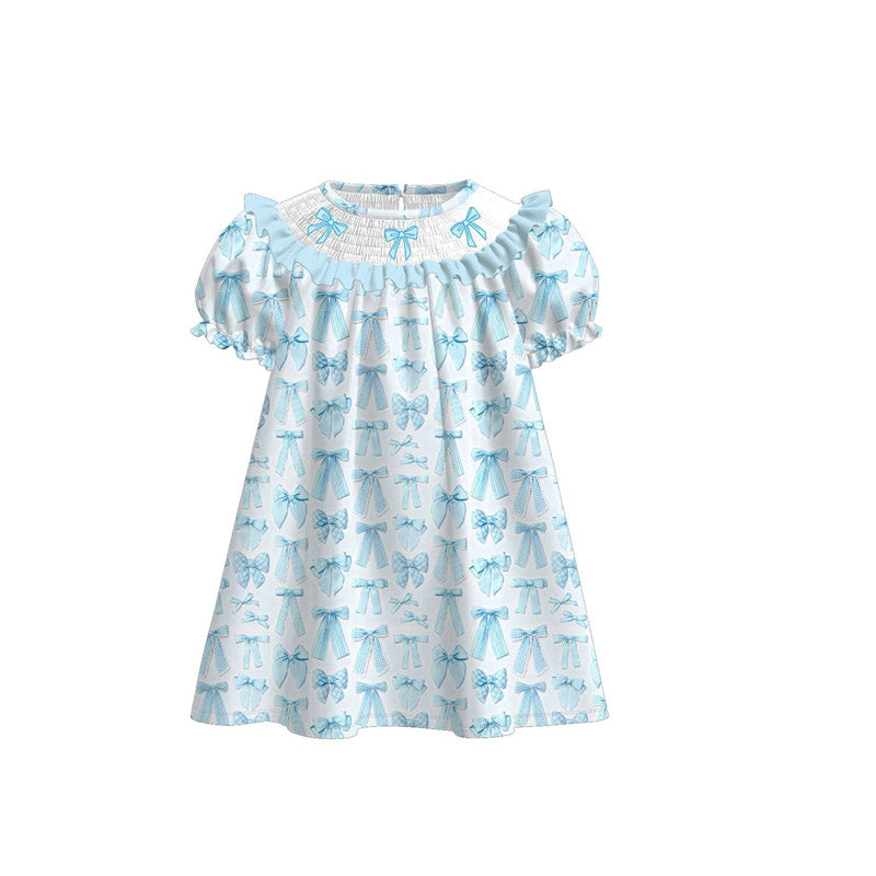 Baby Girls Blue Bows Plaid Ruffle Sleeve Knee Length Dresses Preorder