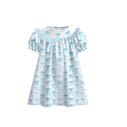 Baby Girls Blue Bows Plaid Ruffle Sleeve Knee Length Dresses Preorder