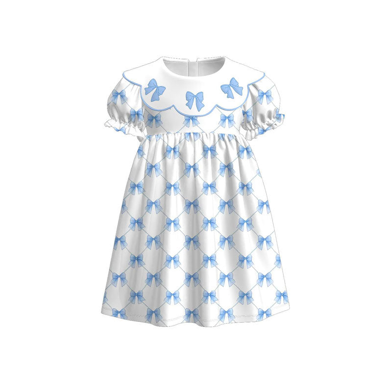Baby Girls Blue Bows Checked Ruffle Sleeve Knee Length Dresses Preorder