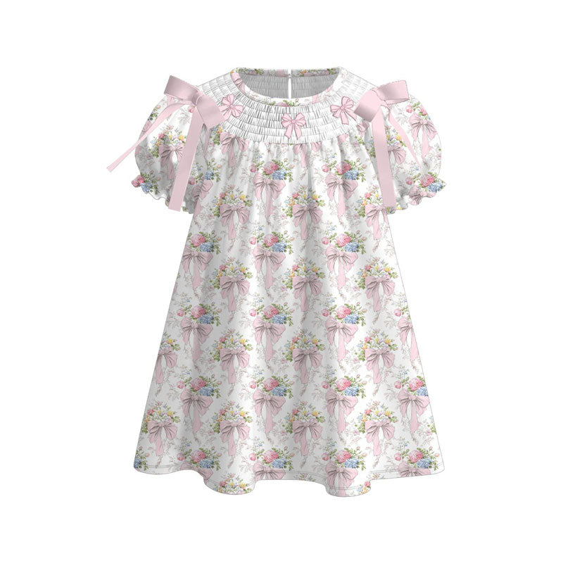 Baby Girls Pink Flowers Bows Ruffle Sleeve Knee Length Dresses Preorder