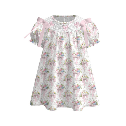 Baby Girls Pink Flowers Bows Ruffle Sleeve Knee Length Dresses Preorder