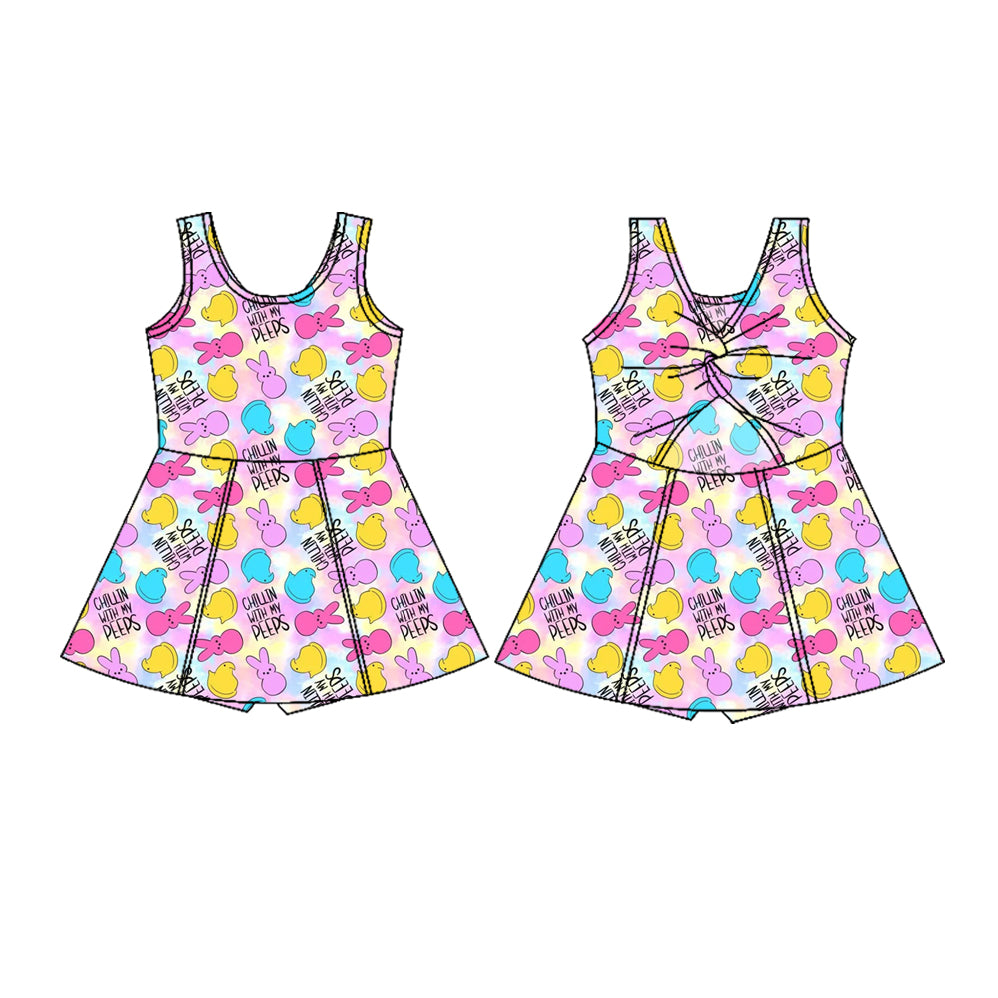 Baby Girls Sleeveless Colorful Rabbits Chicks Easter Yoga Shorts Knee Length Dresses Preorder