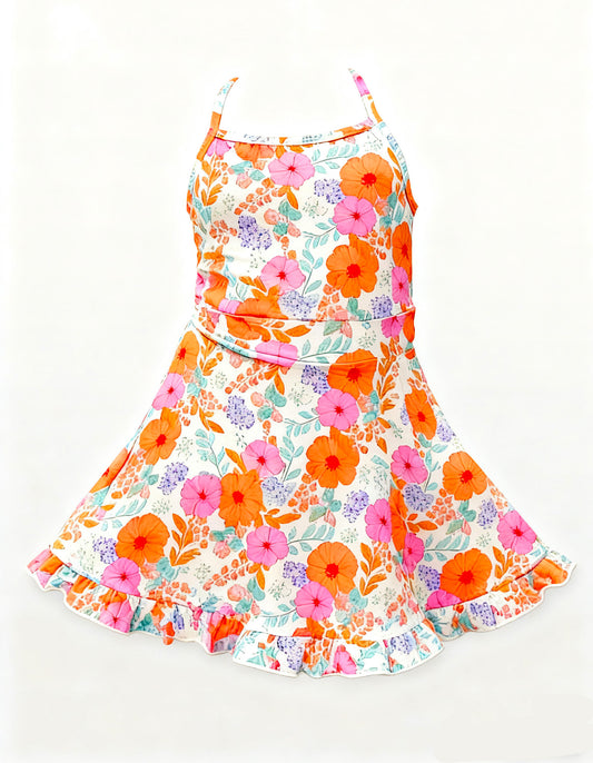 Baby Girls Strap Pink Orange Flowers Yoga Ruffle Knee Length Dresses Preorder