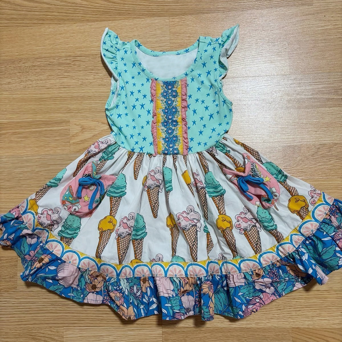 Baby Girls Ice Creams Flowers Pockets Knee Length Dresses Preorder