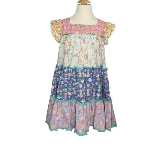Baby Girls Flowers Tea Cups Patchwork Knee Length Dresses Preorder