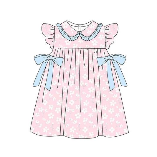 Baby Girls Pink Flowers Bows Collar Knee Length Dresses Preorder