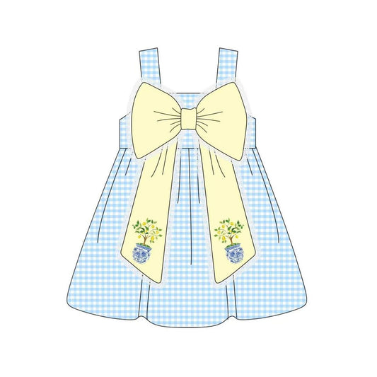 Baby Girls Blue Checked Strap Flowers Bows Knee Length Dresses Preorder