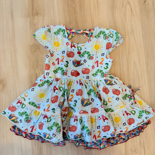Baby Girls Apples Caterpillar Back to School Ruffle Knee Length Dresses Preorder