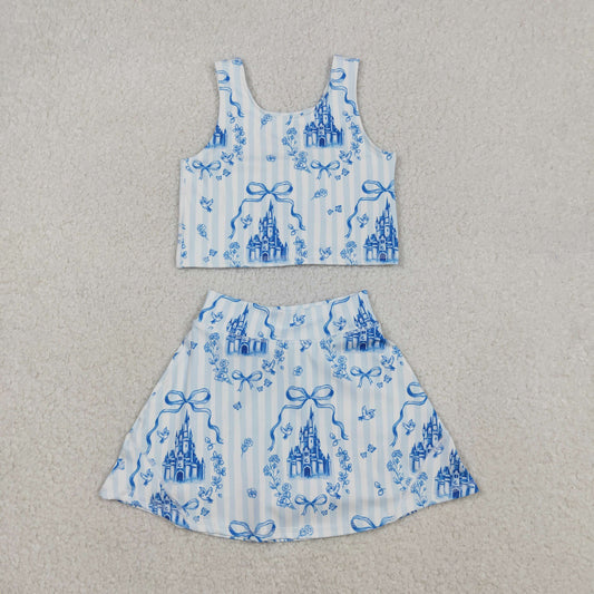 Sibling Baby Girls Sleeveless Bows Castles Vest Skirt Shorts Yoga Active Clothes Sets