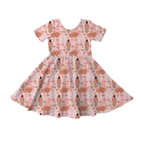 Baby Girls Short Sleeve Crosses Hearts Easter Knee Length Dresses Preorder