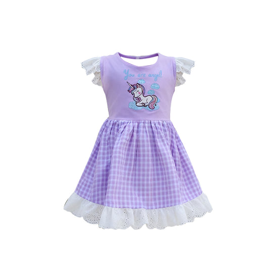Baby Girls Horse You Are Angels Purple Checked Ruffle Knee Length Dress Preorder