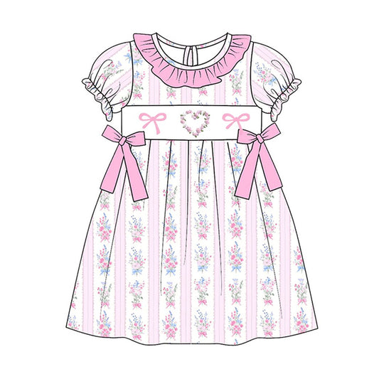 Baby Girls Pink Flowers Hearts Stripe Bows Valentine Knee Length Dress Preorder