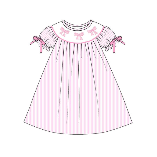 Baby Girls Pink Stripe Bows Valentine Knee Length Dress Preorder