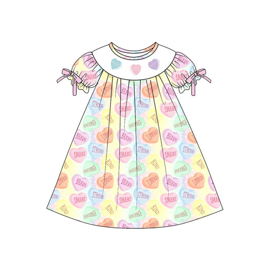 Baby Girls Short Ruffle Sleeve Colorful Hearts Valentine Knee Length Dress Preorder