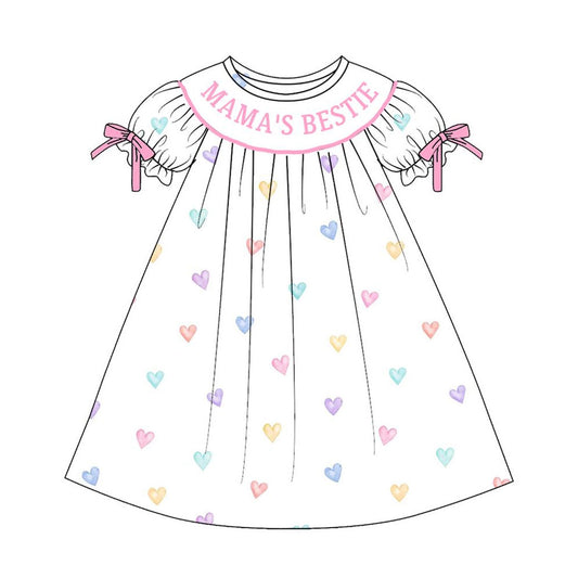 Baby Girls Short Ruffle Sleeve Colorful Hearts Mama's Bestie Knee Length Dress Preorder