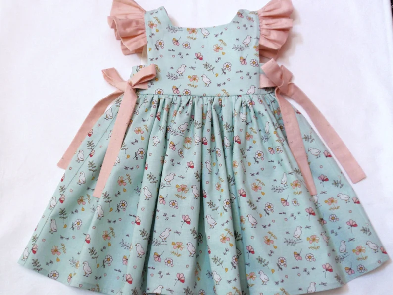 Baby Girls Flutter Sleeve Flowers Birds Bows Knee Length Dress Preorder