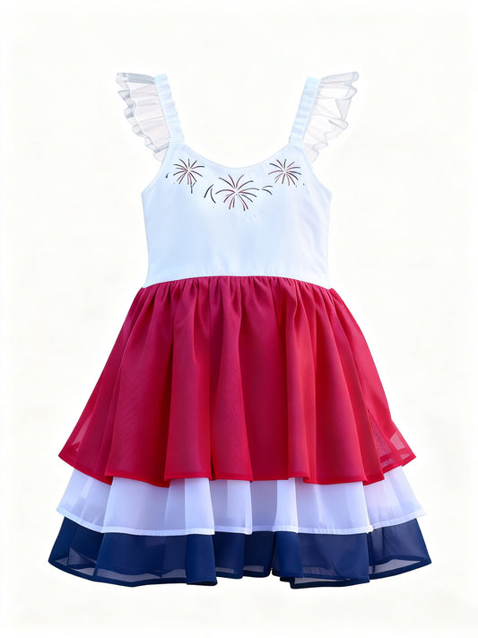Baby Girls Flutter Sleeve Fireworks July 4th Ruffle Knee Length Dress Preorder