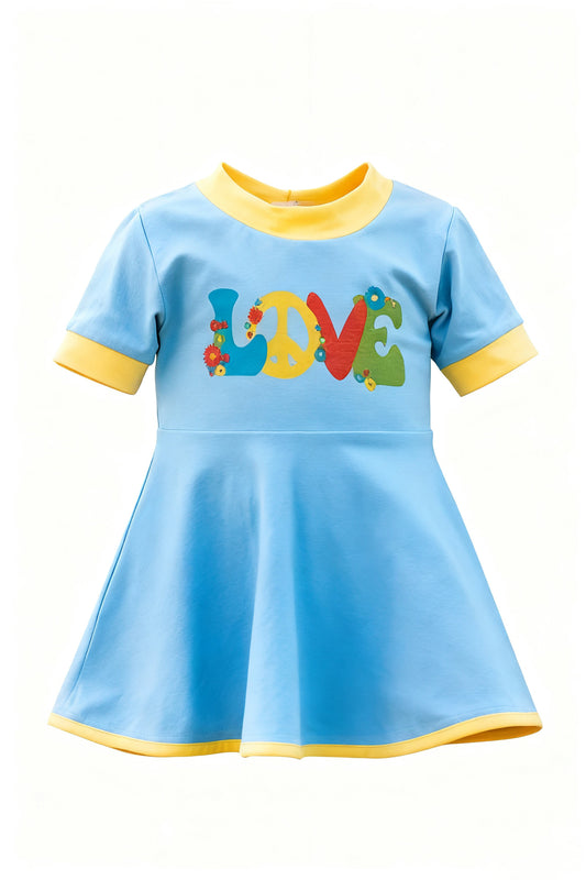 Baby Girls Blue Short Sleeve LOVE Flowers Valentine Knee Length Dress Preorder